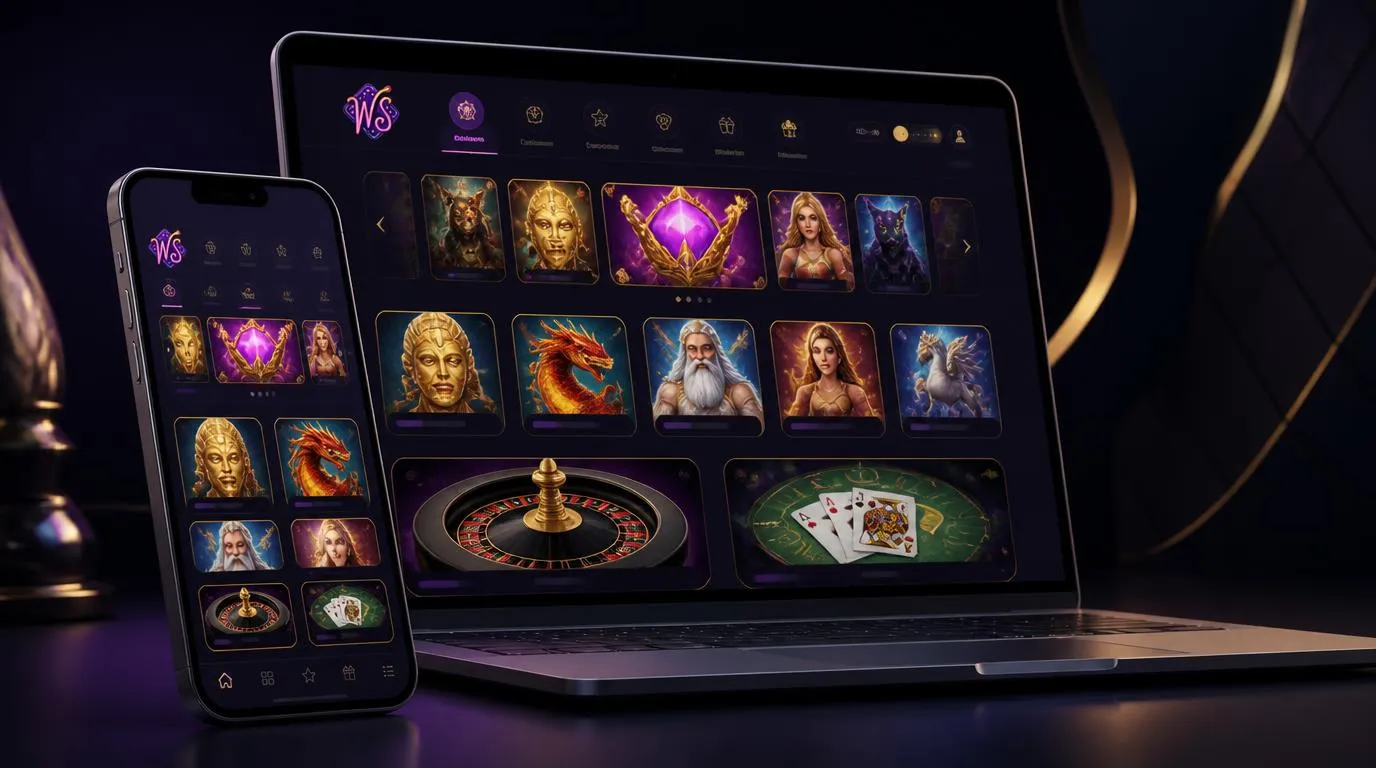 Mobiles Casino-Interface mit Slot-Kacheln und stabiler Spielansicht auf Smartphone und Laptop