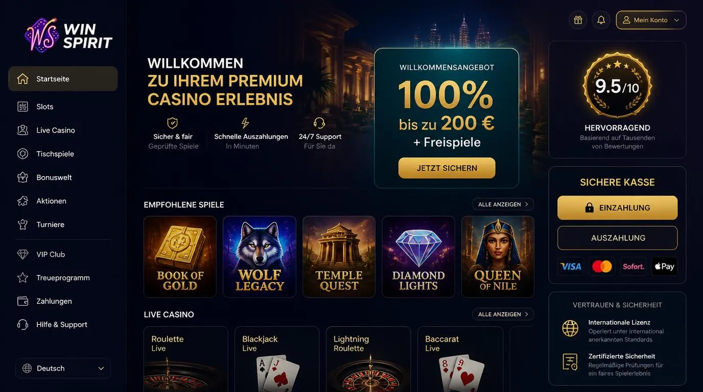 Casino-Dashboard mit 9,5-von-10-Bewertung, Willkommensbonus und sicherem Kassenbereich