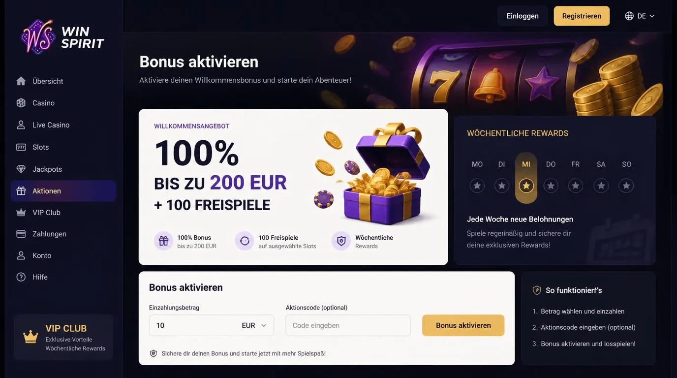 Casino-Bonusbereich mit Willkommensangebot, Freispiele-Symbolen und Eingabefeld für einen Promotionscode
