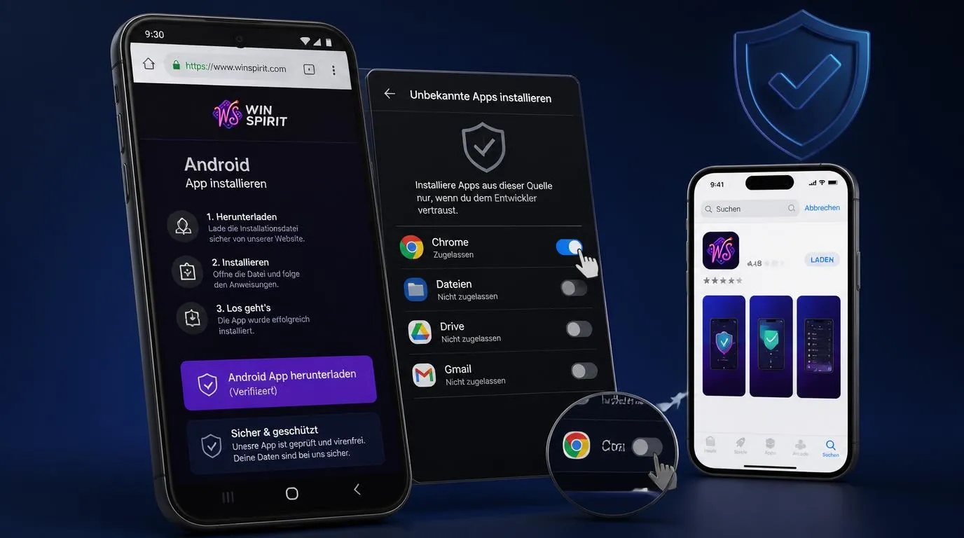 Android-Smartphone mit offizieller Downloadseite, HTTPS-Schloss und sichtbaren Sicherheitseinstellungen