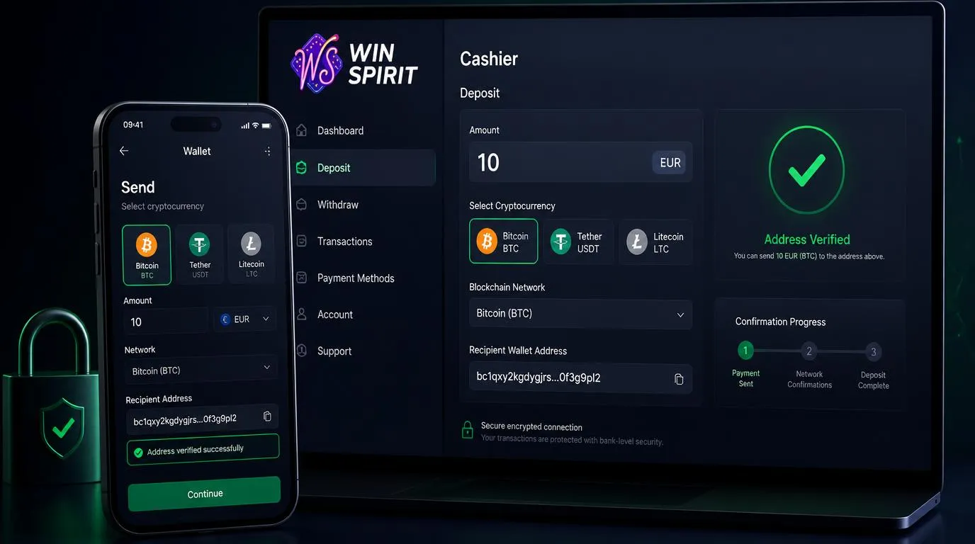 Krypto-Wallet mit geprüfter Empfängeradresse und Auswahl des Blockchain-Netzwerks bei einer Einzahlung