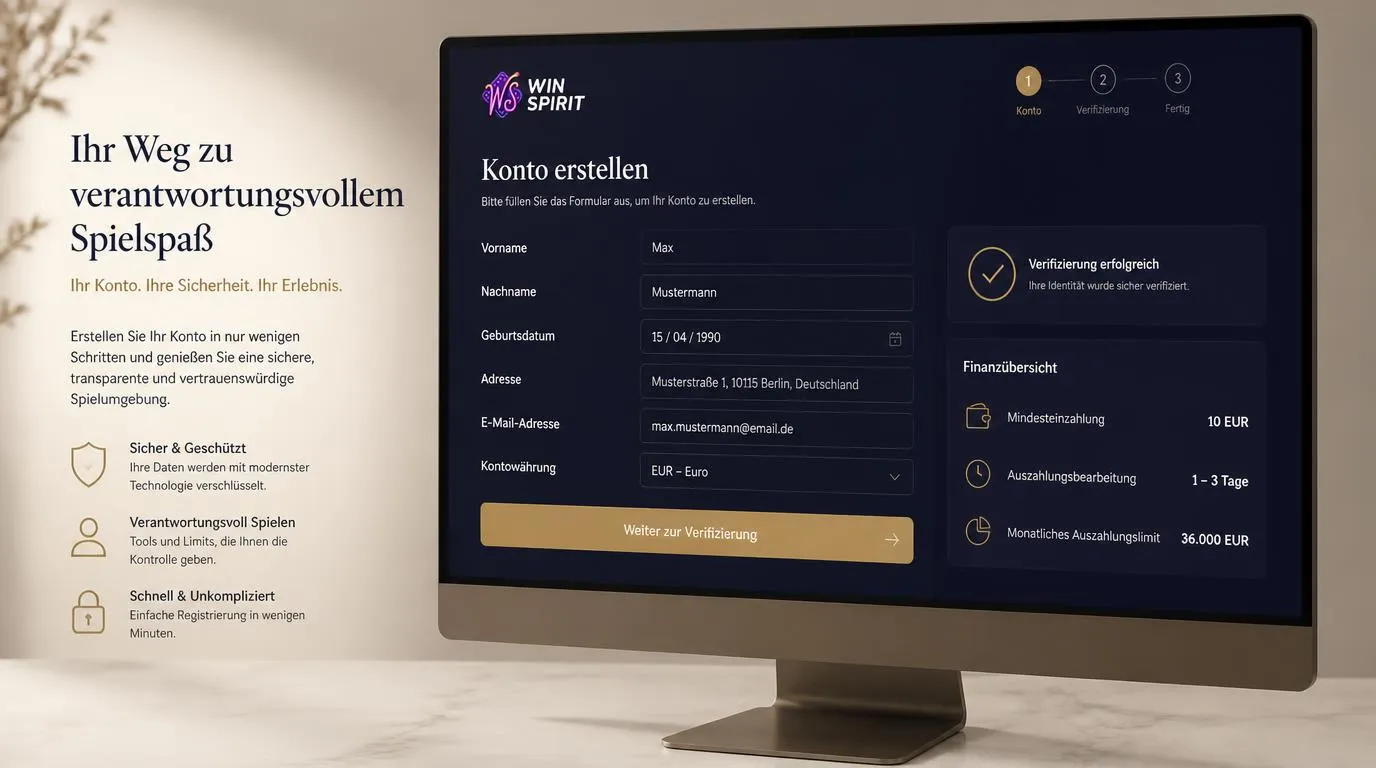 Registrierungsformular mit persönlichen Daten, Euro-Kontowährung und Hinweis zur Kontoprüfung