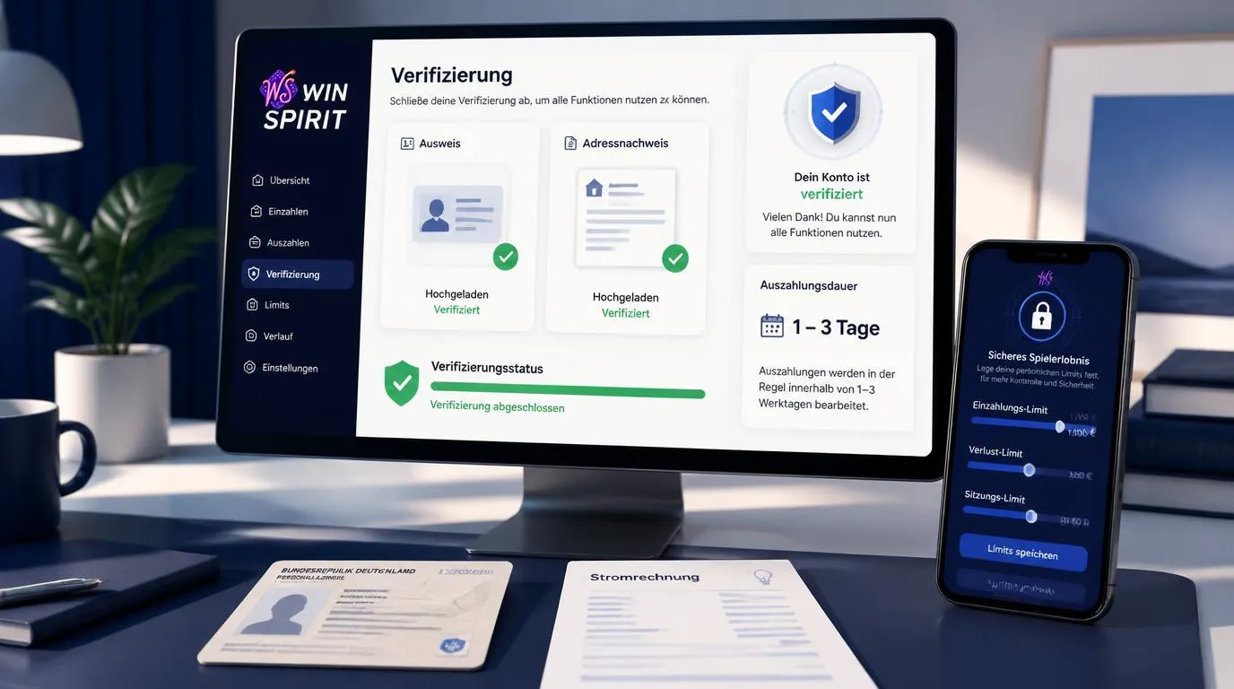 Nutzer lädt Ausweis und Adressnachweis im geschützten Verifizierungsbereich eines Spielkontos hoch