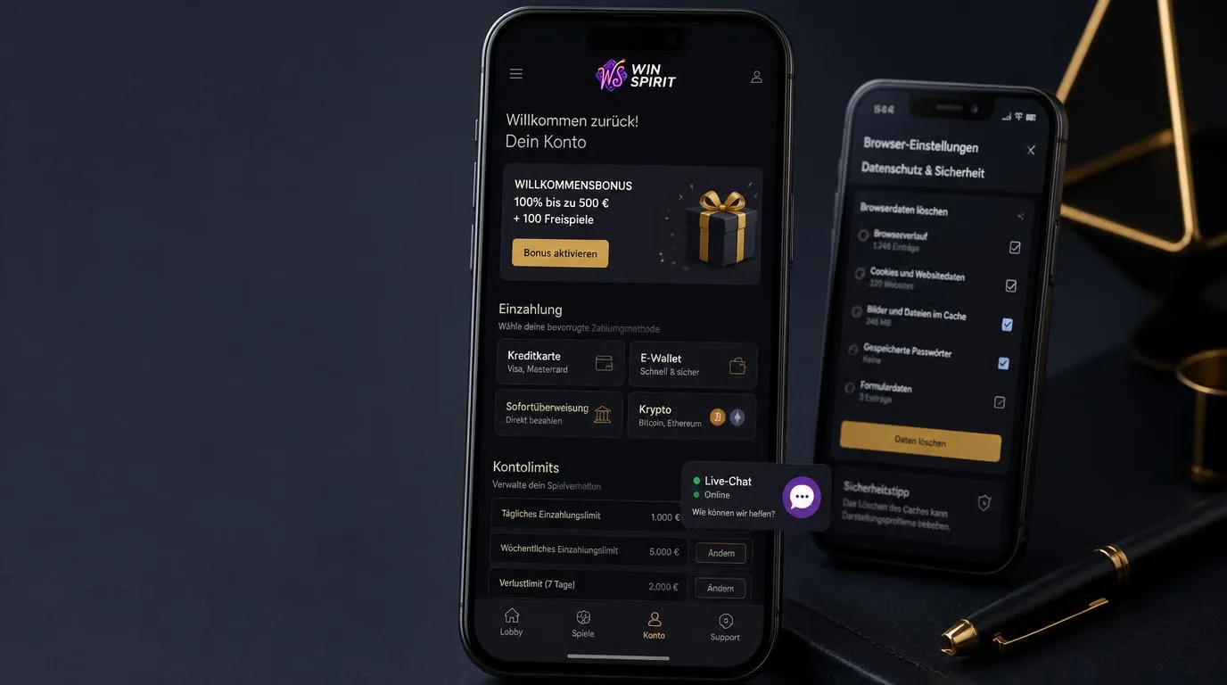 Smartphone mit Casino-Konto, Bonusbereich, Zahlungsauswahl und aktivem Live-Chat