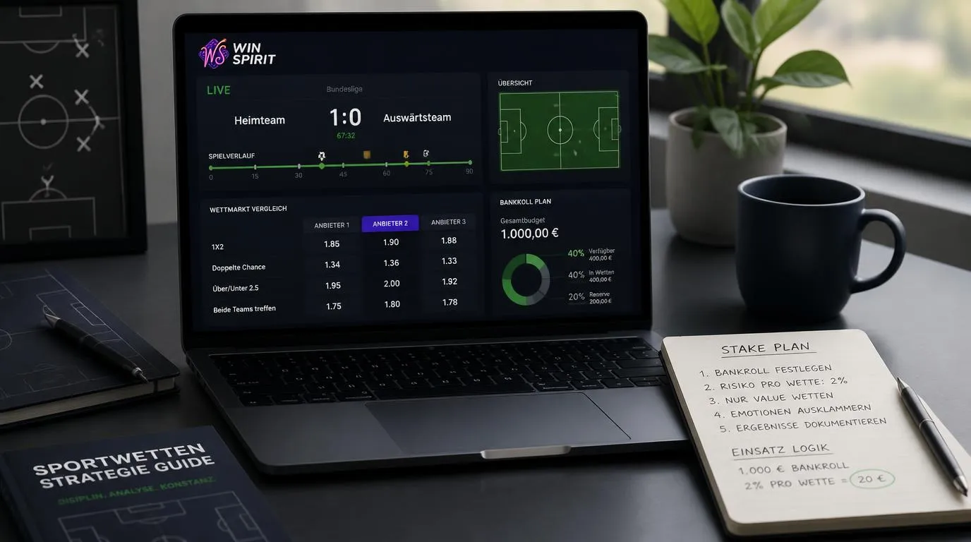 Sportwetten-Analyse mit Quotenvergleich, Einsatzplan und Live-Spiel auf einem übersichtlichen Bildschirm