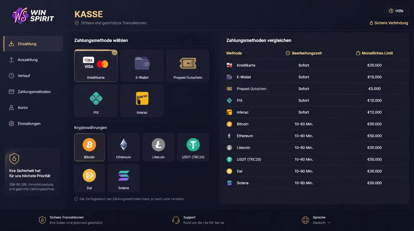 Kassenansicht mit Karten, E-Wallets, Kryptowährungen und klaren Auszahlungszeiten