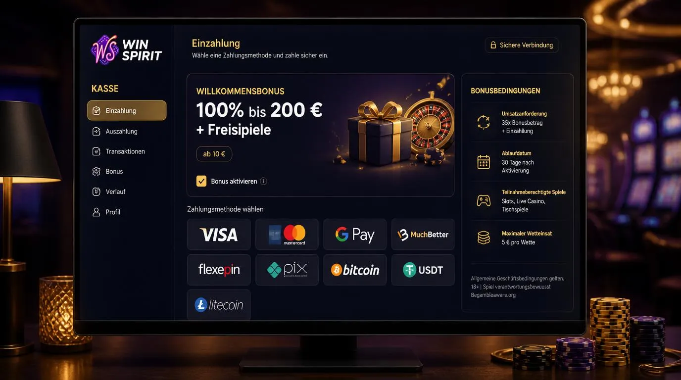Casino-Kasse mit aktivem Willkommensbonus und Auswahl verschiedener Zahlungsarten