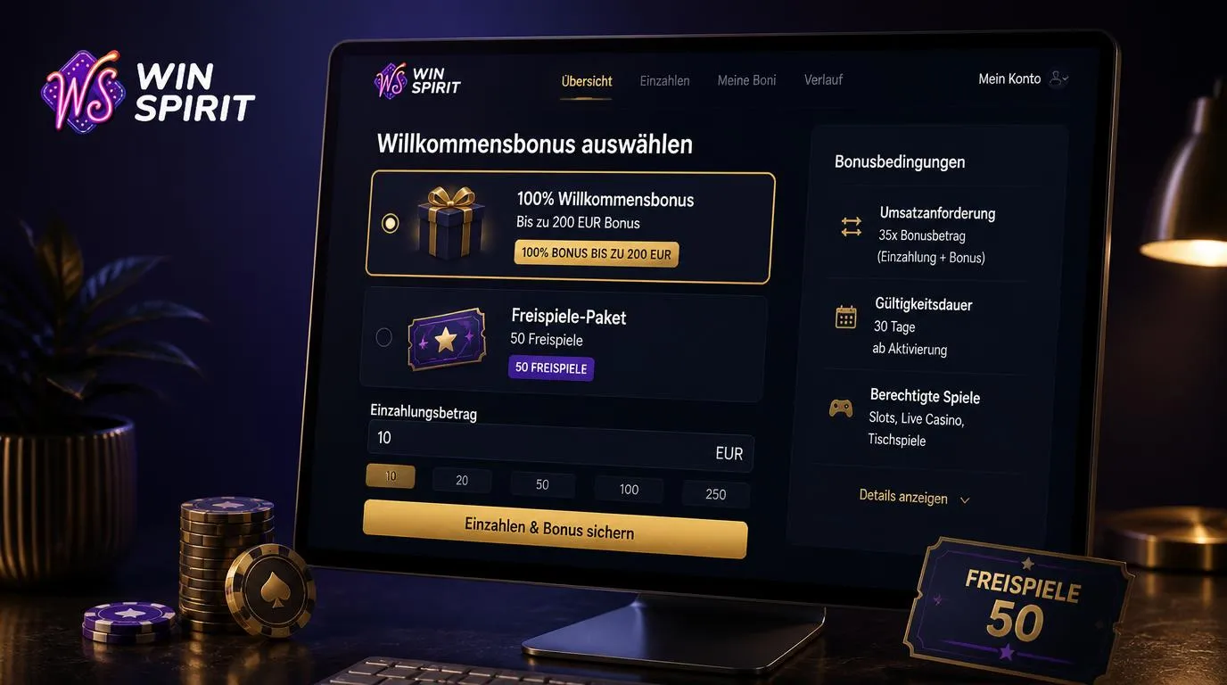 Casino-Konto mit aktivierter Bonusaktion, Einzahlungsfeld und Freispielhinweis