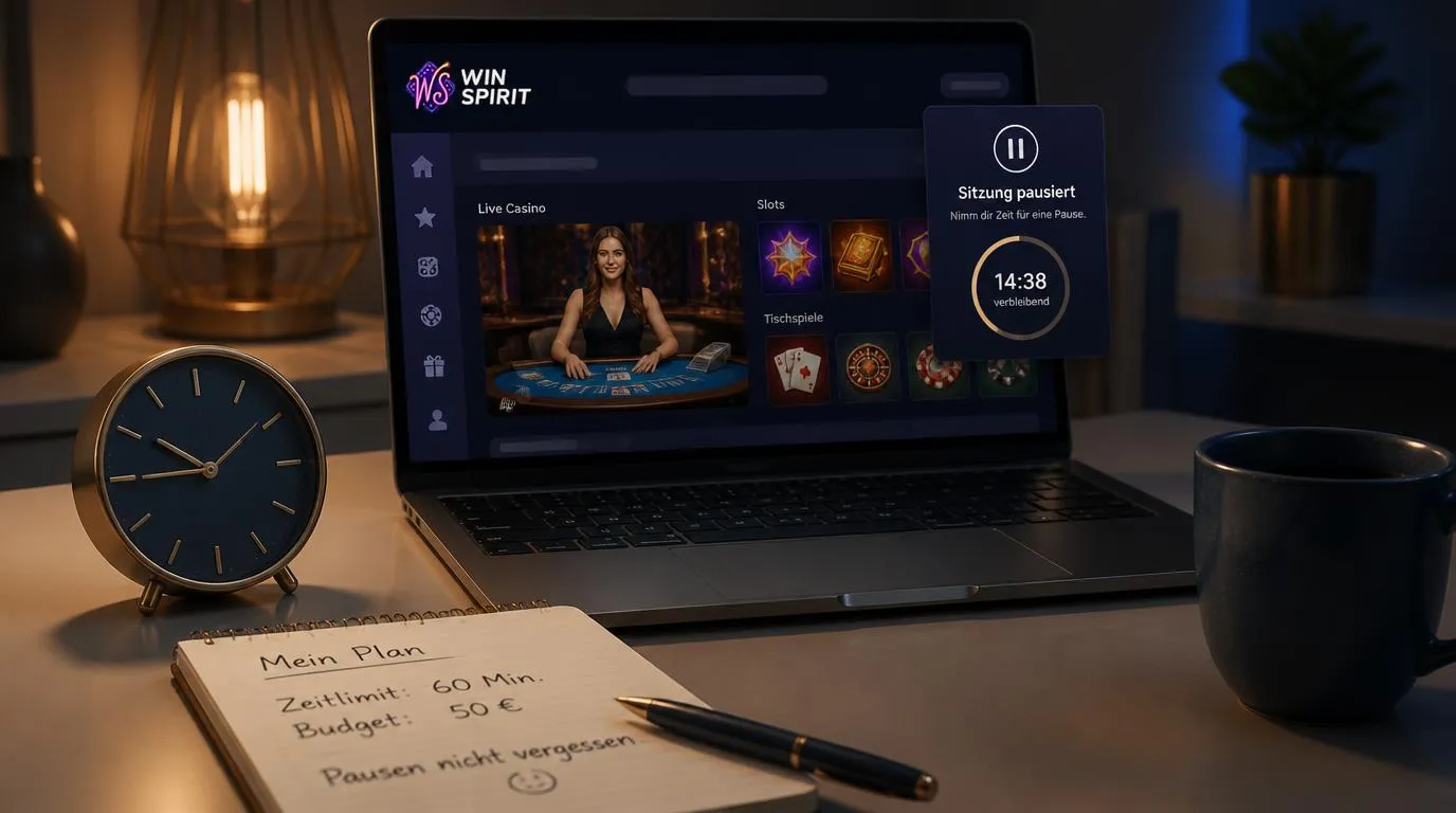Bewusste Spielpause mit Uhr, Budgetnotiz und Casino-Ansicht auf einem Laptop